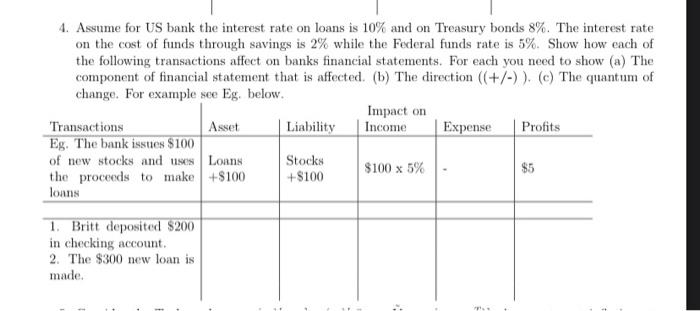 4 Assume For Us Bank The Interest Rate On Loans Is 10 And On Treasury Bonds 8 The Interest Rate On The Cost Of Funds 1