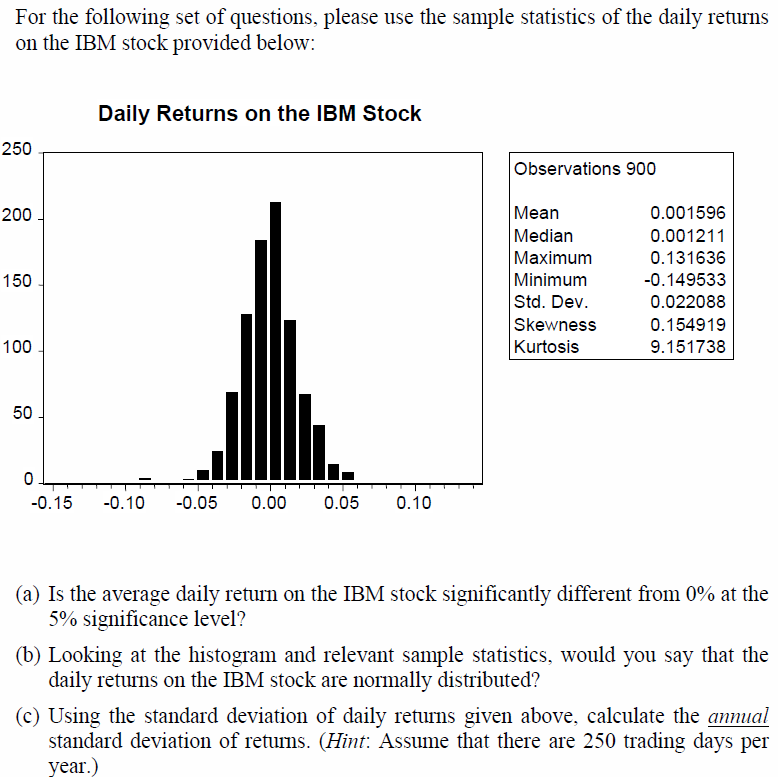 For The Following Set Of Questions Please Use The Sample Statistics Of The Daily Returns On The Ibm Stock Provided Belo 1