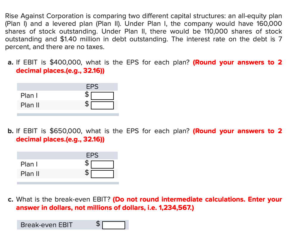 Rise Against Corporation Is Comparing Two Different Capital Structures An All Equity Plan Plan I And A Levered Plan 1