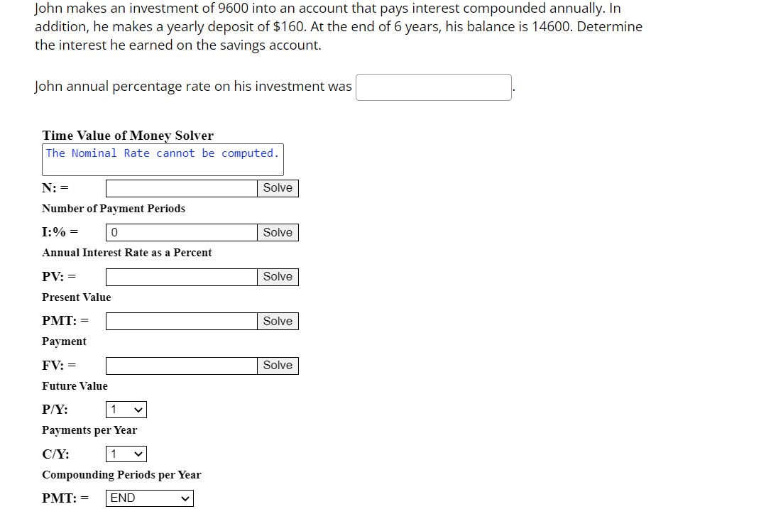 John Makes An Investment Of 9600 Into An Account That Pays Interest Compounded Annually In Addition He Makes A Yearly 1