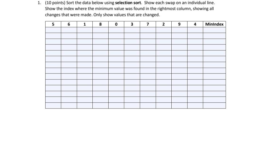 1 10 Points Sort The Data Below Using Selection Sort Show Each Swap On An Individual Line Show The Index Where The 1