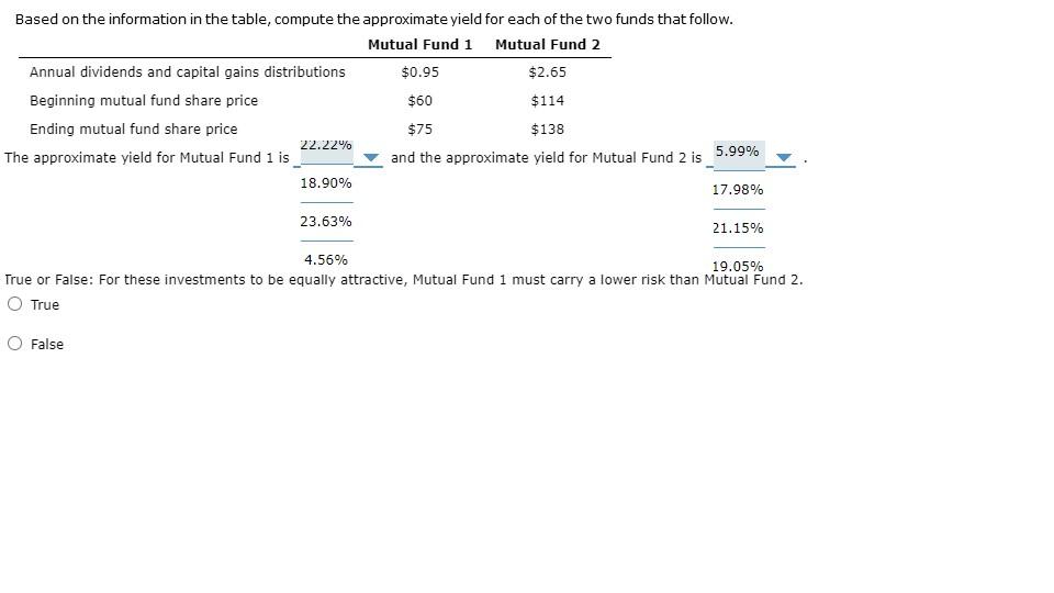 Based On The Information In The Table Compute The Approximate Yield For Each Of The Two Funds That Follow Mutual Fund 1