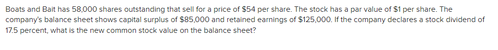 Boats And Bait Has 58 000 Shares Outstanding That Sell For A Price Of 54 Per Share The Stock Has A Par Value Of 1 Per 1