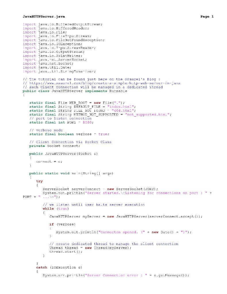 Javahttpserver Java Page 1 Import Java Io Batteredoutoetscrear Import Java Io Eufferedreader Import Java Io File Imp 1