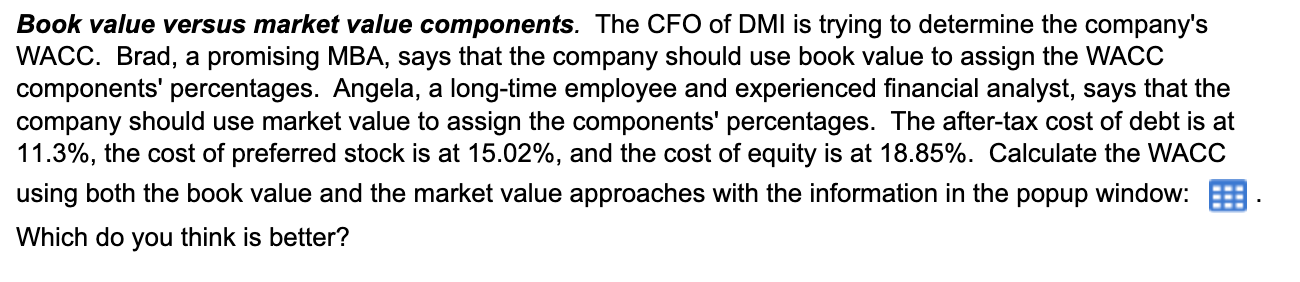 Book Value Versus Market Value Components The Cfo Of Dmi Is Trying To Determine The Company S Wacc Brad A Promising M 1