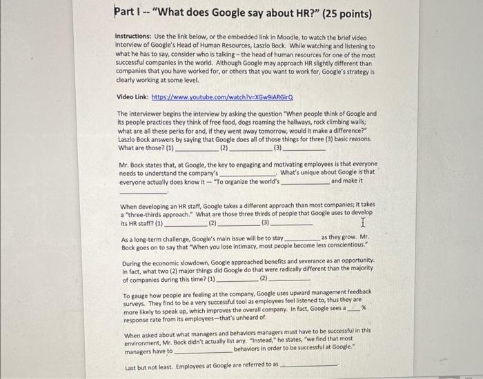 Part I What Does Google Say About Hr 25 Points Instructions Use The Link Below Or The Embedded Link In Moodle 1
