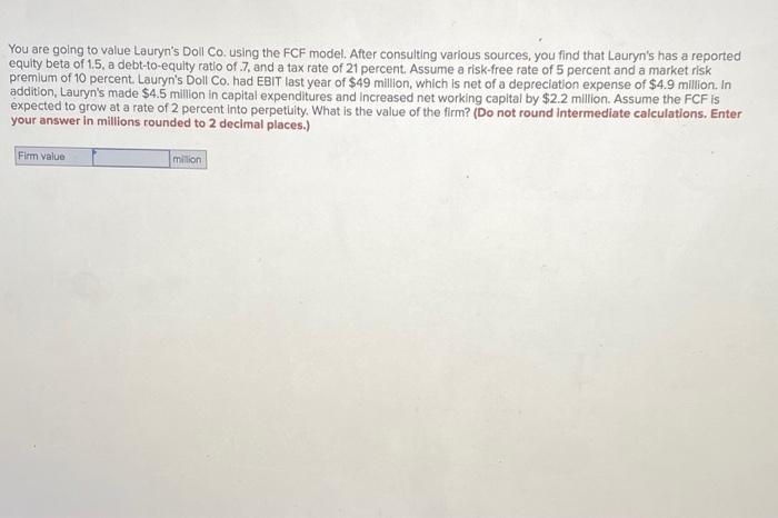 You Are Going To Value Lauryn S Doll Co Using The Fcf Model After Consulting Various Sources You Find That Lauryn S H 1