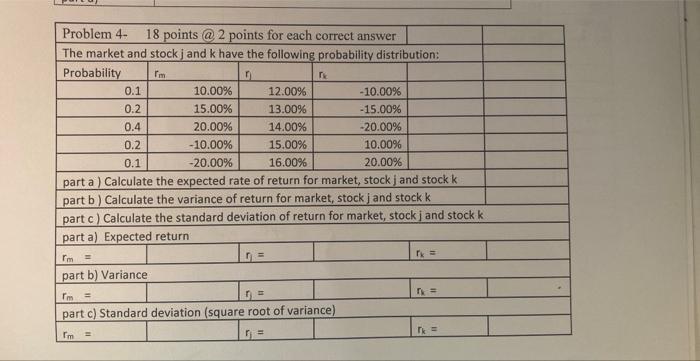 Problem 4 18 Points 2 Points For Each Correct Answer The Market And Stock J And K Have The Following Probability Dist 1