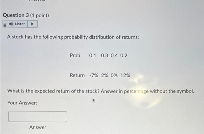 Question 3 1 Point 4 Listen A Stock Has The Following Probability Distribution Of Returns Prob 0 1 0 3 0 4 0 2 Answe 1