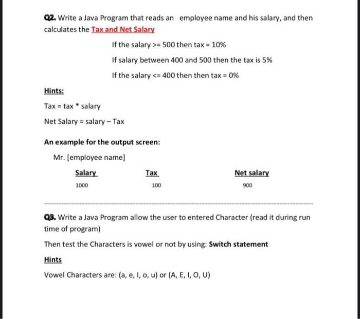02 Write A Java Program That Reads An Employee Name And His Salary And Then Calculates The Tax And Net Salary If The S 1