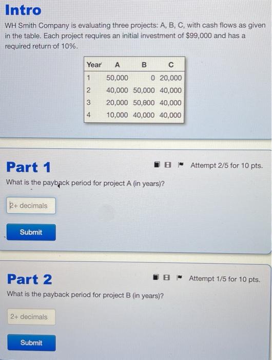 Intro Wh Smith Company Is Evaluating Three Projects A B C With Cash Flows As Given In The Table Each Project Requir 1