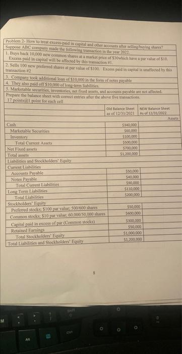 M Problem 2 How To Treat Excess Paid In Capital And Other Accounts After Selling Buying Shares Suppose Abc Company Mad 1