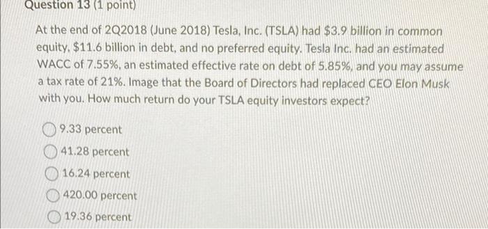 Question 13 1 Point At The End Of 2q2018 June 2018 Tesla Inc Tsla Had 3 9 Billion In Common Equity 11 6 Billi 1