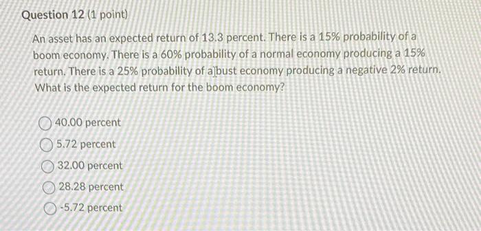 Question 12 1 Point An Asset Has An Expected Return Of 13 3 Percent There Is A 15 Probability Of A Boom Economy The 1