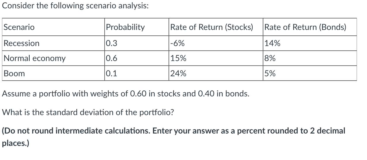 Consider The Following Scenario Analysis Scenario Recession Normal Economy Boom Probability 0 3 0 6 0 1 Rate Of Return 1