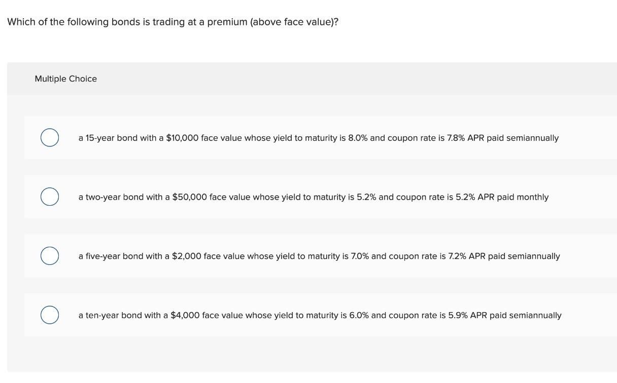 Which Of The Following Bonds Is Trading At A Premium Above Face Value Multiple Choice A 15 Year Bond With A 10 000 F 2