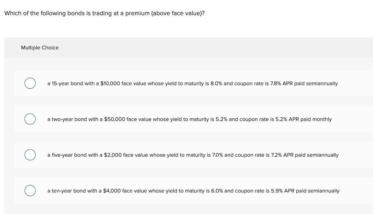 Which Of The Following Bonds Is Trading At A Premium Above Face Value Multiple Choice A 15 Year Bond With A 10 000 F 1