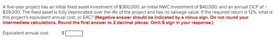 A Five Year Project Has An Initial Fixed Asset Investment Of 360 000 An Initial Nwc Investment Of 40 000 And An Annu 1