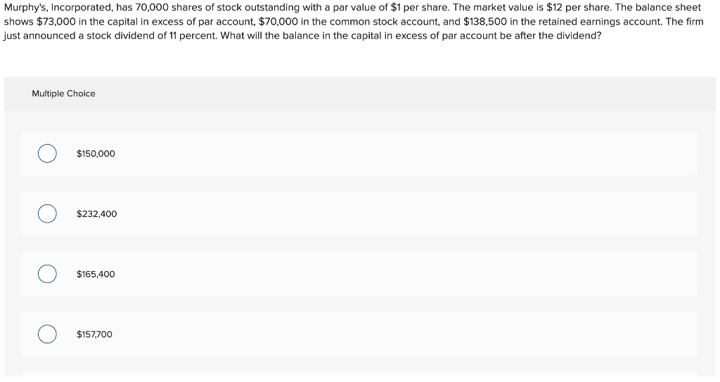 Murphy S Incorporated Has 70 000 Shares Of Stock Outstanding With A Par Value Of 1 Per Share The Market Value Is 12 1