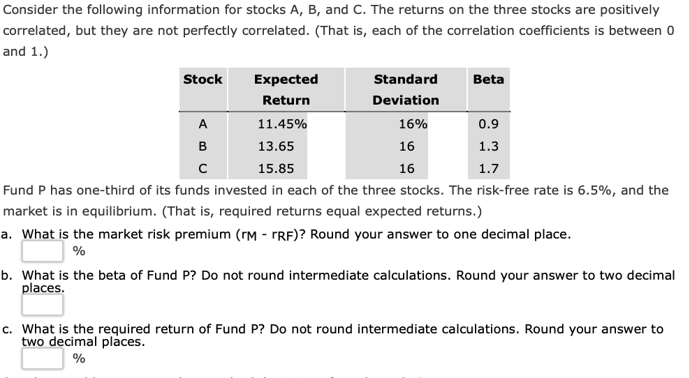 Consider The Following Information For Stocks A B And C The Returns On The Three Stocks Are Positively Correlated Bu 1