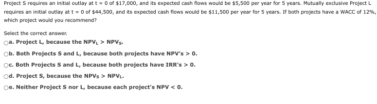Project S Requires An Initial Outlay At T 0 Of 17 000 And Its Expected Cash Flows Would Be 5 500 Per Year For 5 Yea 1