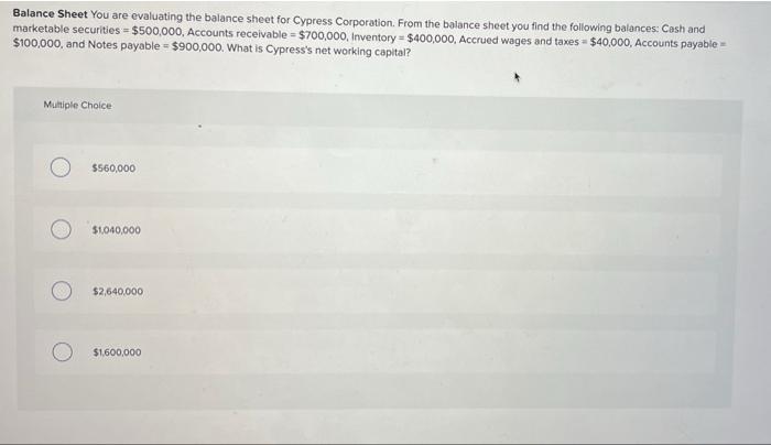 Balance Sheet You Are Evaluating The Balance Sheet For Cypress Corporation From The Balance Sheet You Find The Followin 1