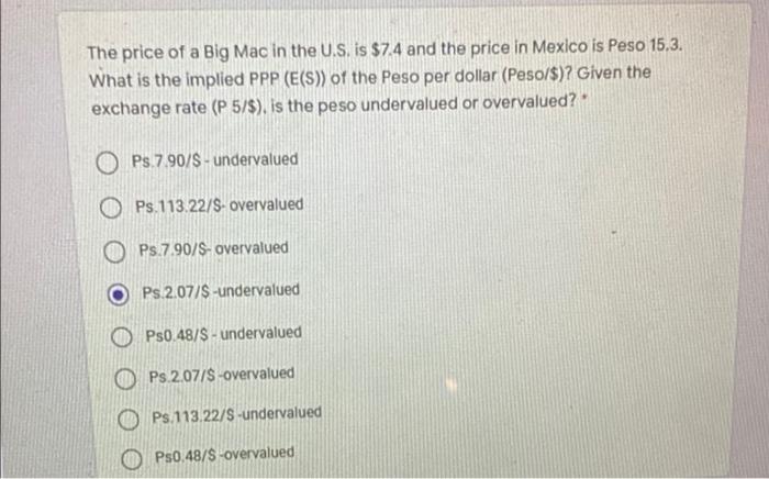 The Price Of A Big Mac In The U S Is 7 4 And The Price In Mexico Is Peso 15 3 What Is The Implied Ppp E S Of The P 1