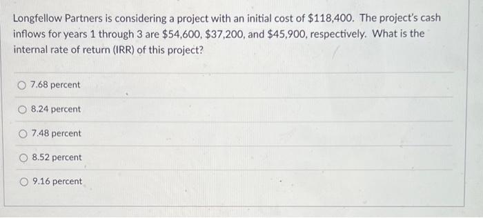 Longfellow Partners Is Considering A Project With An Initial Cost Of 118 400 The Project S Cash Inflows For Years 1 Th 1