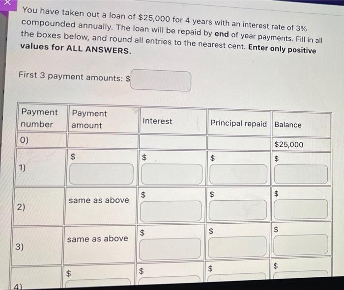 You Have Taken Out A Loan Of 25 000 For 4 Years With An Interest Rate Of 3 Compounded Annually The Loan Will Be Repai 1