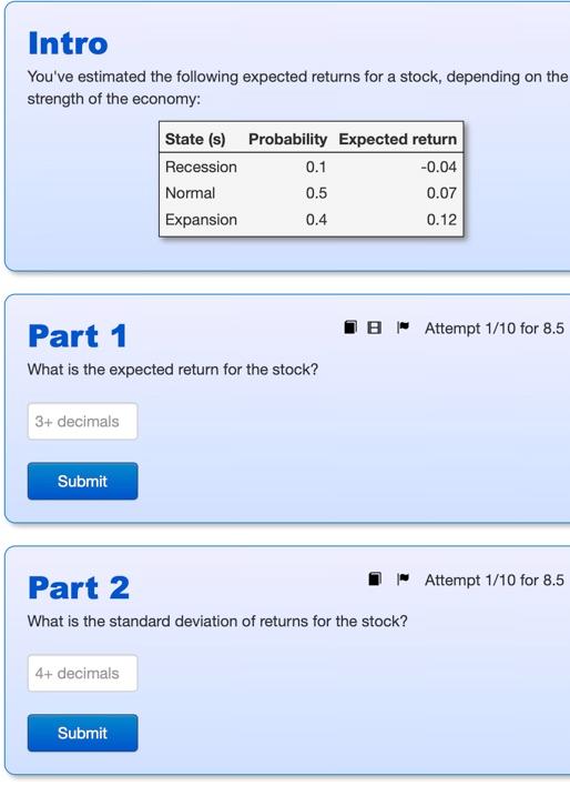 Intro You Ve Estimated The Following Expected Returns For A Stock Depending On The Strength Of The Economy 3 Decimals 1