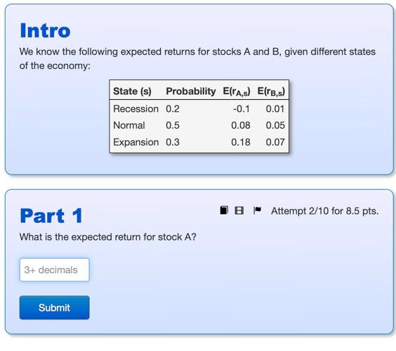 Intro We Know The Following Expected Returns For Stocks A And B Given Different States Of The Economy 3 Decimals Stat 1