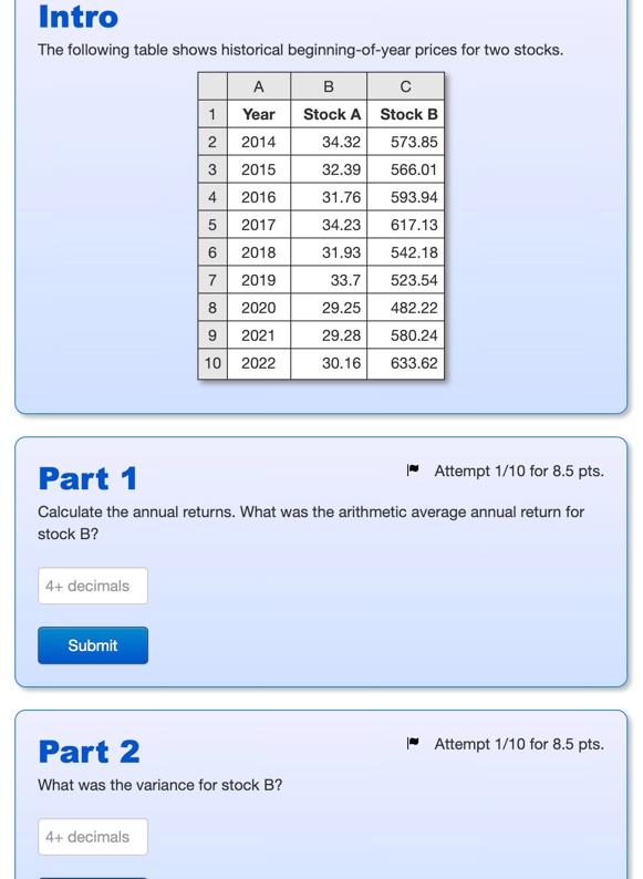 Intro The Following Table Shows Historical Beginning Of Year Prices For Two Stocks A 1 Year 2 2014 3 2015 4 2016 5 2017 1