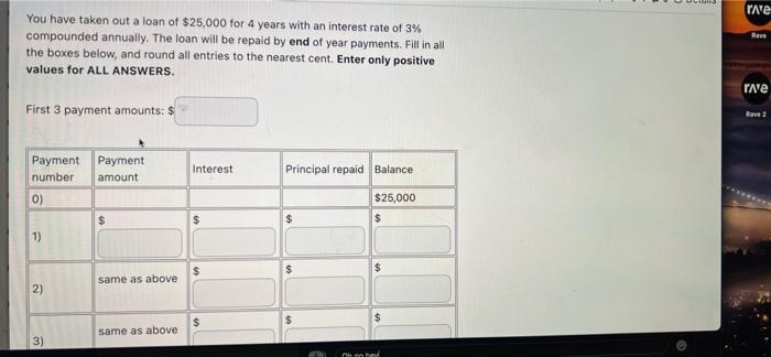 You Have Taken Out A Loan Of 25 000 For 4 Years With An Interest Rate Of 3 Compounded Annually The Loan Will Be Repai 1