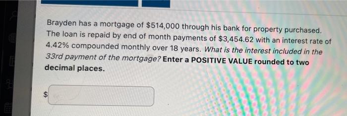 9 I Brayden Has A Mortgage Of 514 000 Through His Bank For Property Purchased The Loan Is Repaid By End Of Month Payme 1
