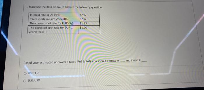 Please Use The Data Below To Answer The Following Question Interest Rate In Us Rh Interest Rate In Euro Zone Rh 1