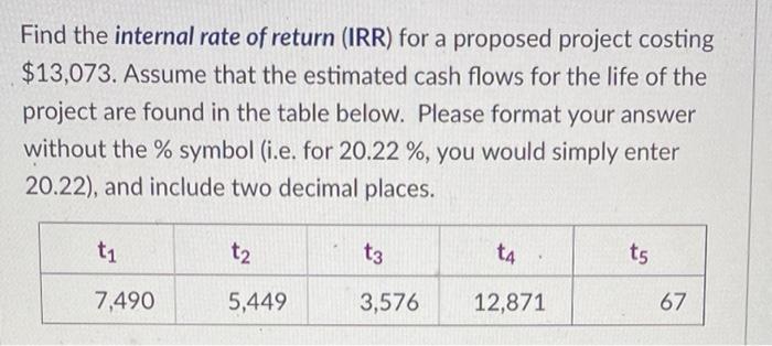 Find The Internal Rate Of Return Irr For A Proposed Project Costing 13 073 Assume That The Estimated Cash Flows For 1