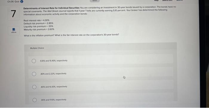 Ch 06 Quiz 7 K Determinants Of Interest Rate For Individual Securities You Are Considering An Investment In 30 Year B 1