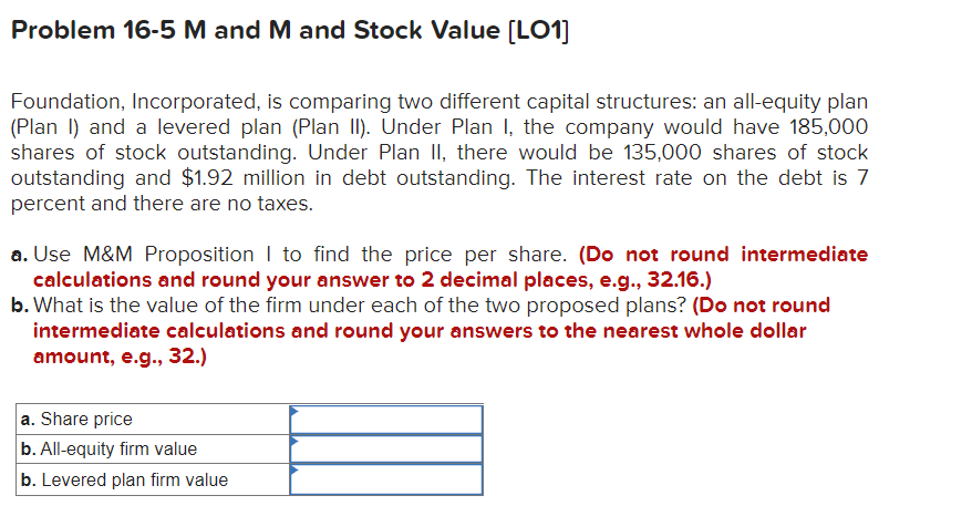 Problem 16 5 M And M And Stock Value Lo1 Foundation Incorporated Is Comparing Two Different Capital Structures An A 1