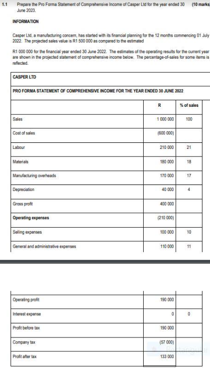 1 1 Prepare The Pro Forma Statement Of Comprehensive Income Of Casper Ltd For The Year Ended 30 June 2023 Information C 1
