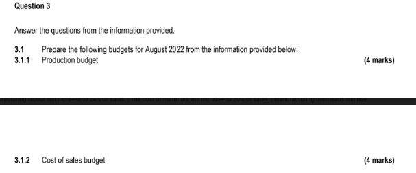 Question 3 Answer The Questions From The Information Provided 3 1 Prepare The Following Budgets For August 2022 From Th 1