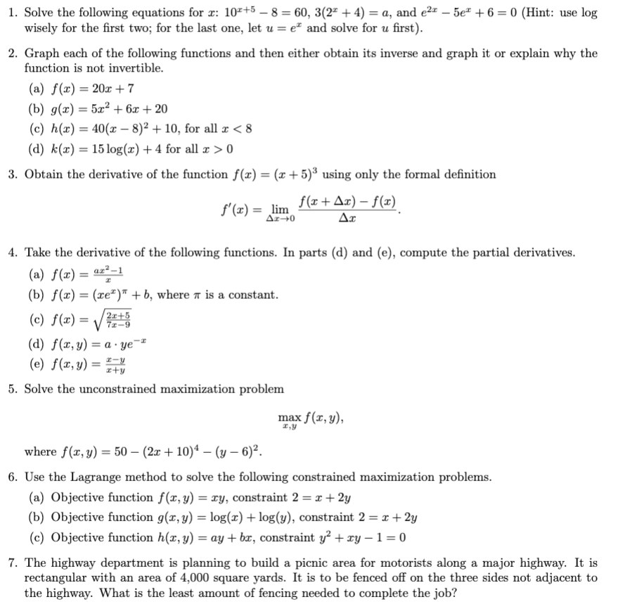 1 Solve The Following Equations For X 10a 5 8 60 3 2a 4 A And E A 5ea 6 0 Hint Use Log Wisely For T 1