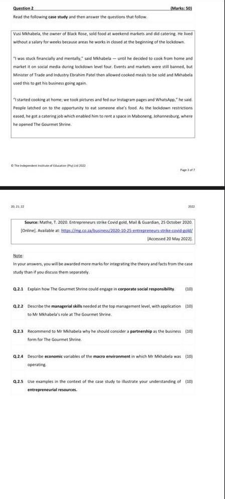 Question 2 Read The Following Case Study And Then Answer The Questions That Follow Vusi Mkhabela The Owner Of Black Ro 1