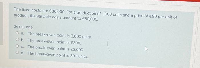 The Fixed Costs Are 30 000 For A Production Of 1 000 Units And A Price Of 90 Per Unit Of Product The Variable Costs 1