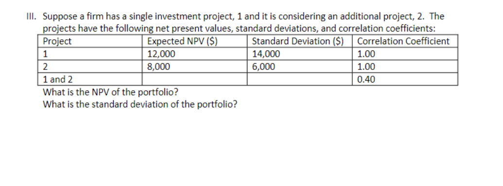 Iii Suppose A Firm Has A Single Investment Project 1 And It Is Considering An Additional Project 2 The Projects Have 1