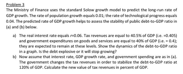 Problem 3 The Ministry Of Finance Uses The Standard Solow Growth Model To Predict The Long Run Rate Of Gdp Growth The R 1