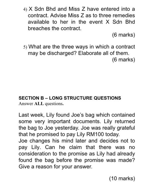 4 X Sdn Bhd And Miss Z Have Entered Into A Contract Advise Miss Z As To Three Remedies Available To Her In The Event X 1
