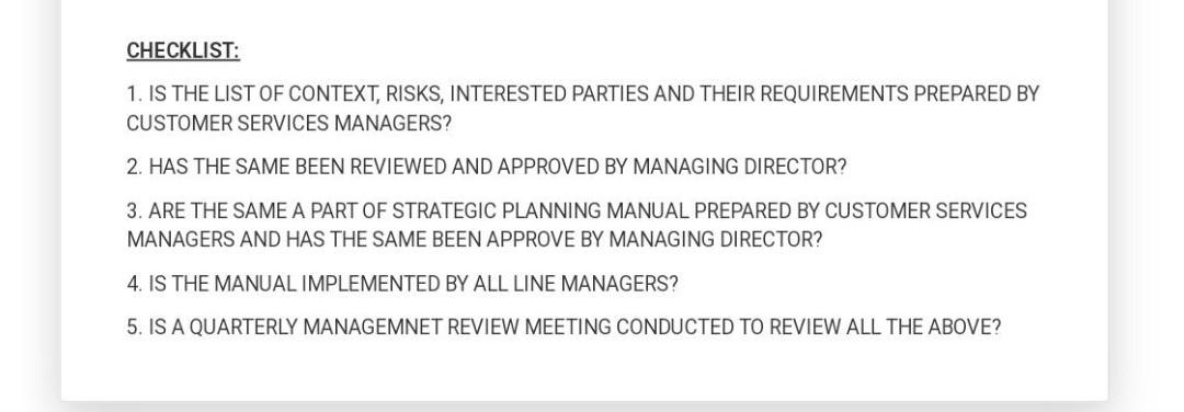 Checklist 1 Is The List Of Context Risks Interested Parties And Their Requirements Prepared By Customer Services Man 1
