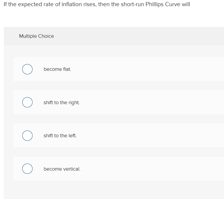 If The Expected Rate Of Inflation Rises Then The Short Run Phillips Curve Will Multiple Choice O Become Flat O Shift T 1