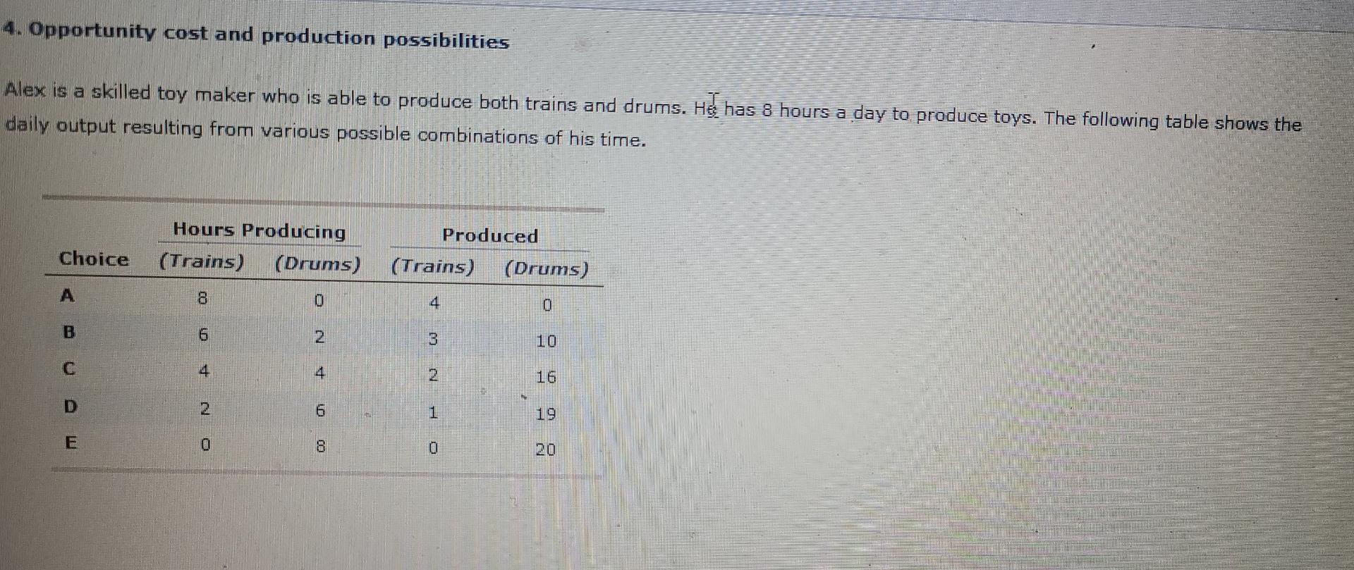 4 Opportunity Cost And Production Possibilities Alex Is A Skilled Toy Maker Who Is Able To Produce Both Trains And Drum 1