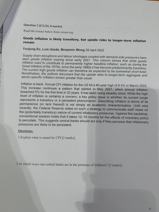 20 Question 2 Cl03 8 Marks Read The Extract Below From Voxeu Org Goods Inflation Is Likely Transitory But Upside Ri 1